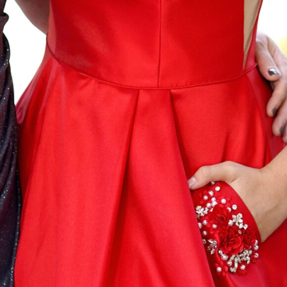 Red Satin Gown w/ Spaghetti Straps, Rhinestone Pockets, Mesh Side Panel - size 8 - Picture 6 of 8